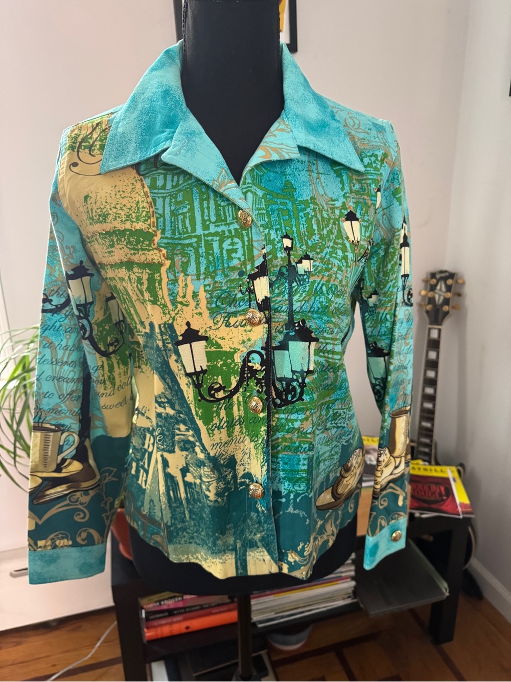 Jane Ashley Teal & Green Scenic Print Button-Down Blouse/Jacket-Size S